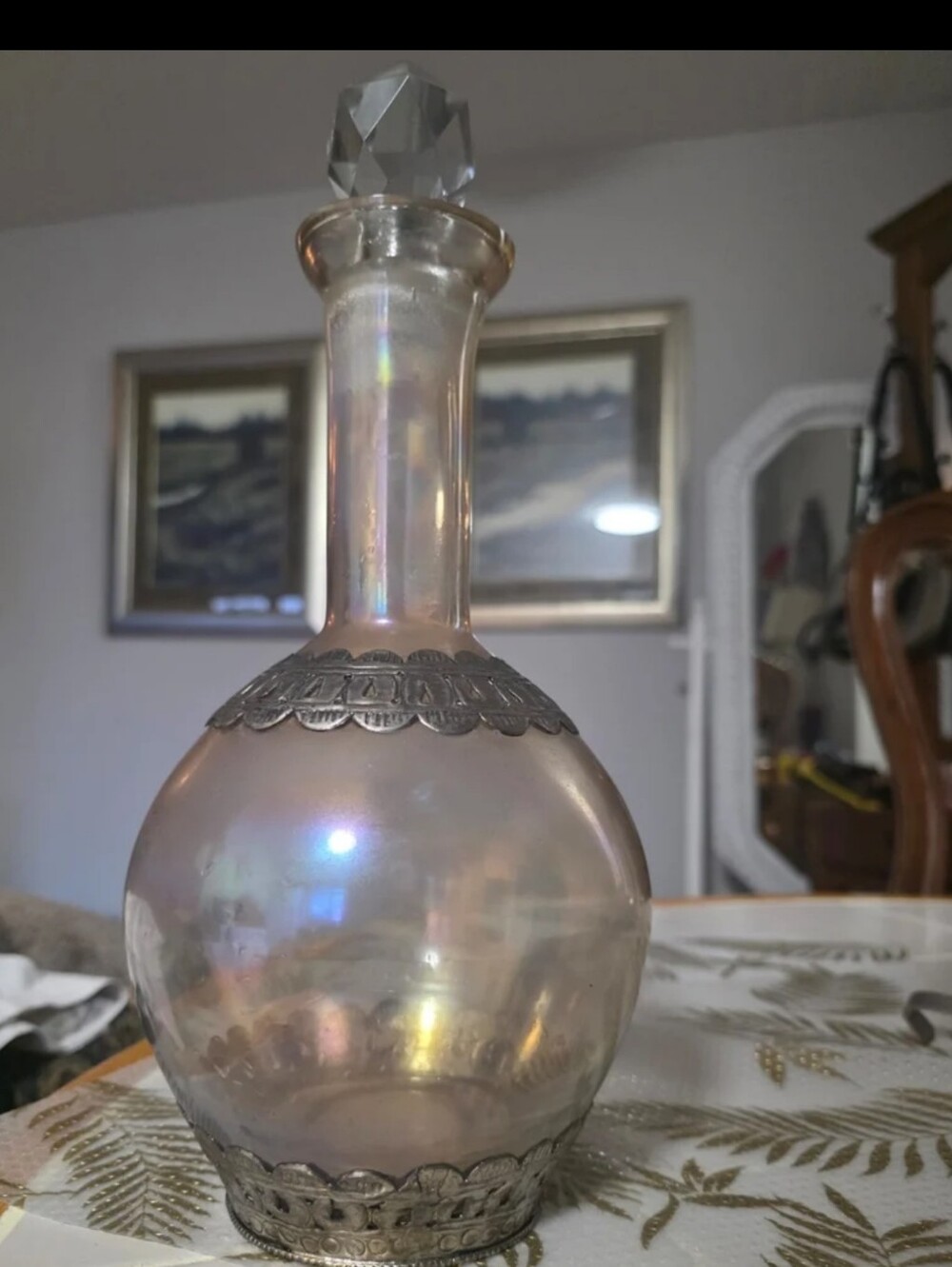 13"  Ornate France Antique Embossed filigree sterling lead crystal decanter